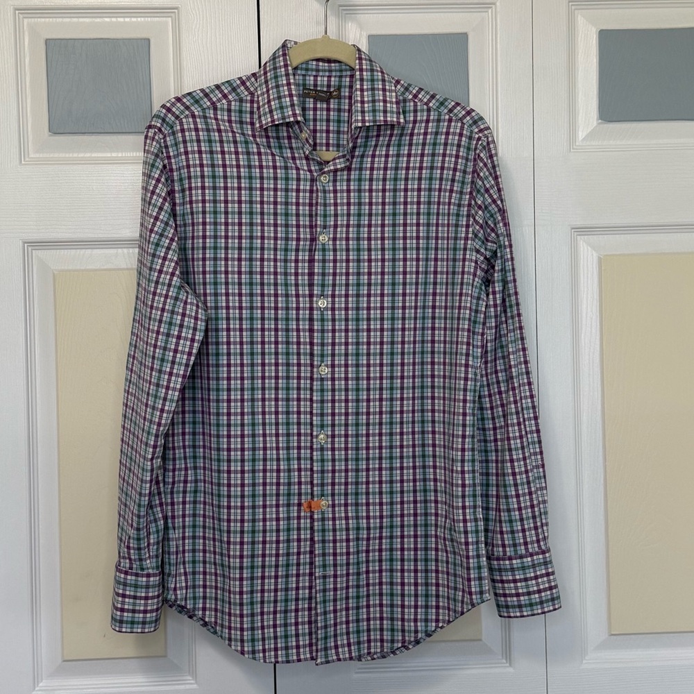 Peter Millar Summer Comfort  Plaid Button‎ Down Shirt Purple Blue Green Sz S